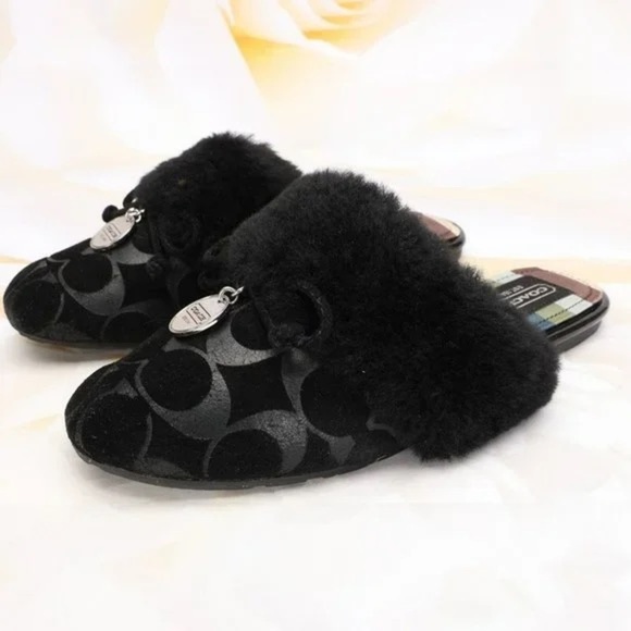 Coach Carra faux fur trim slippers black monogram silver charm size 6.5 - Picture 1 of 7